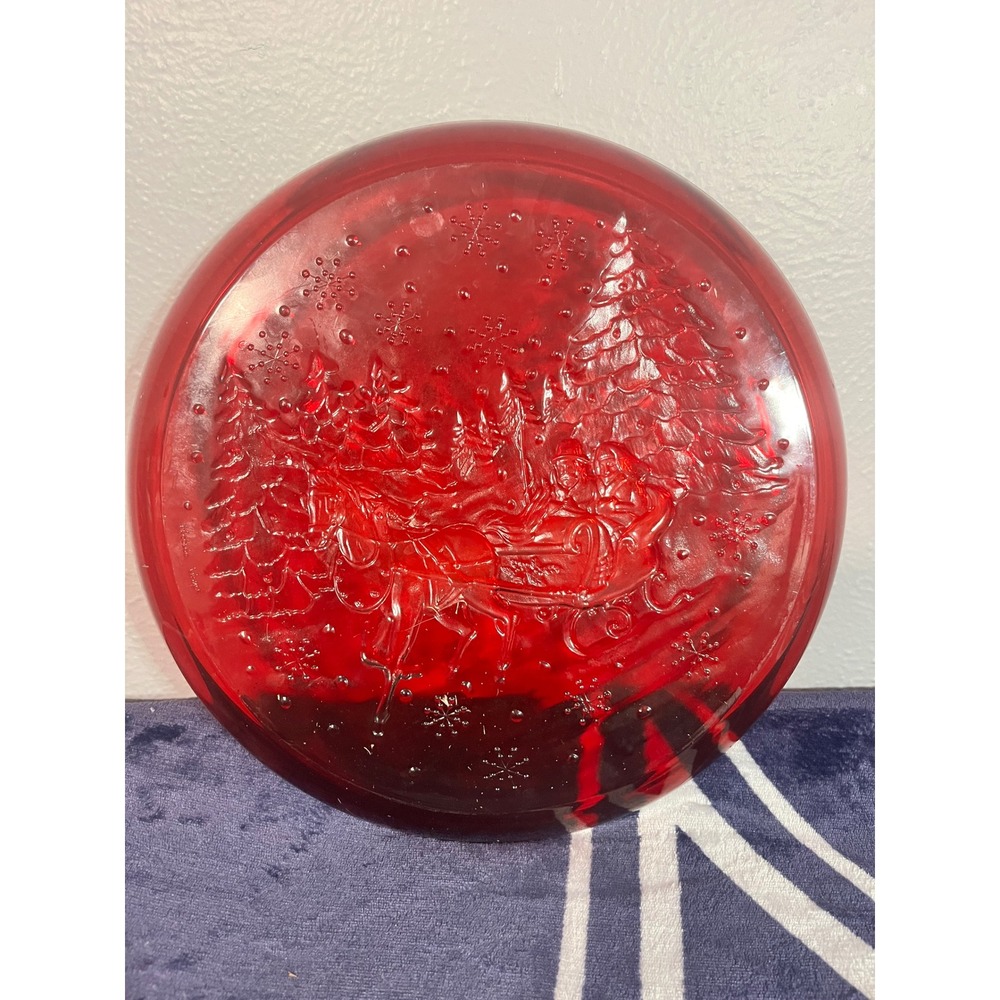 Vintage‎ Ruby Red Glass Christmas Platter Embossed Sleigh Scene 13 Inch Round